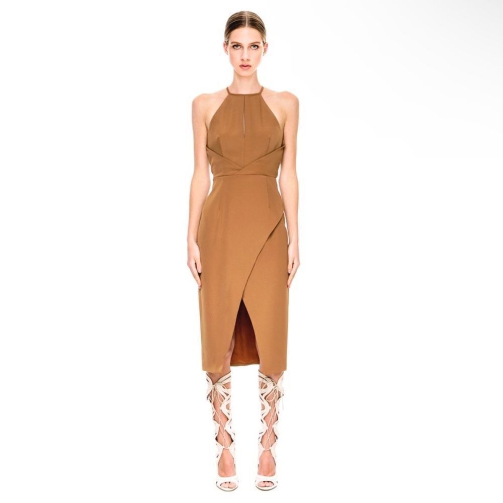FINDERS KEEPERS | Guilt Pleasures Tan Brown Wrap Front Midi Dress Women’s Size M